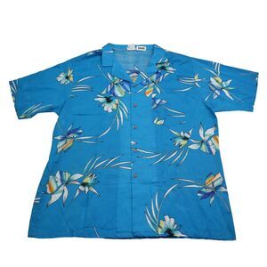 Shore Things Shirt Mens L Blue Floral Hawaiian Button Up Short Sleeve Casual